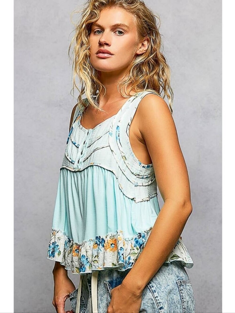 POL "Jersey" Square Neck Floral Trim Sleeveless Tank Top Blouse Sky Blue, S,M - Picture 3 of 5